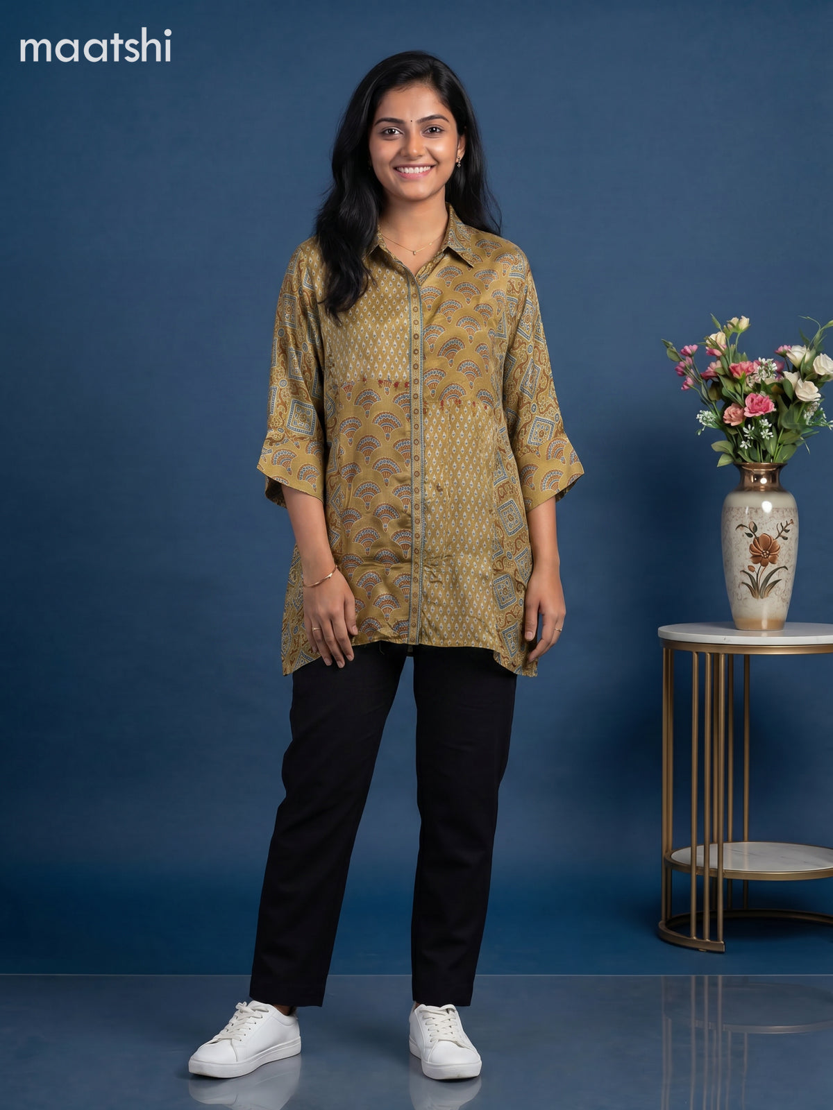 Mehendi Green Crepe Silk Ajrakh Printed Women Shirt