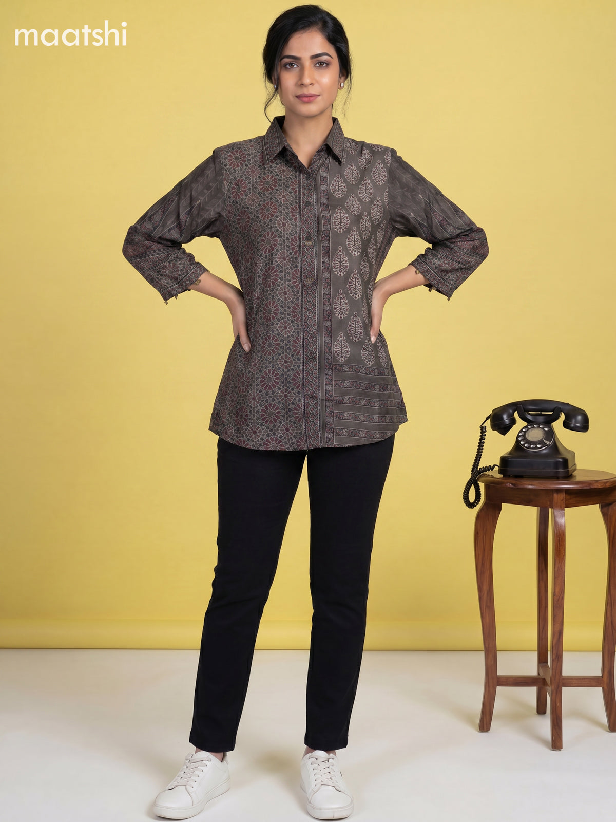 Dark Grey Crepe Silk Ajrakh Printed Women Shirt