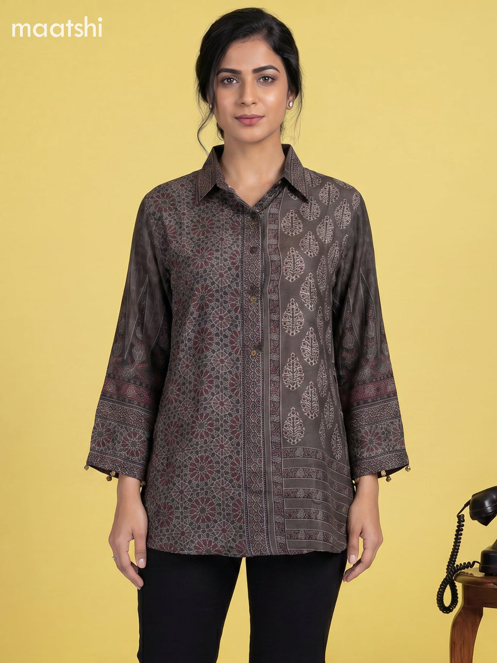 Dark Grey Crepe Silk Ajrakh Printed Women Shirt