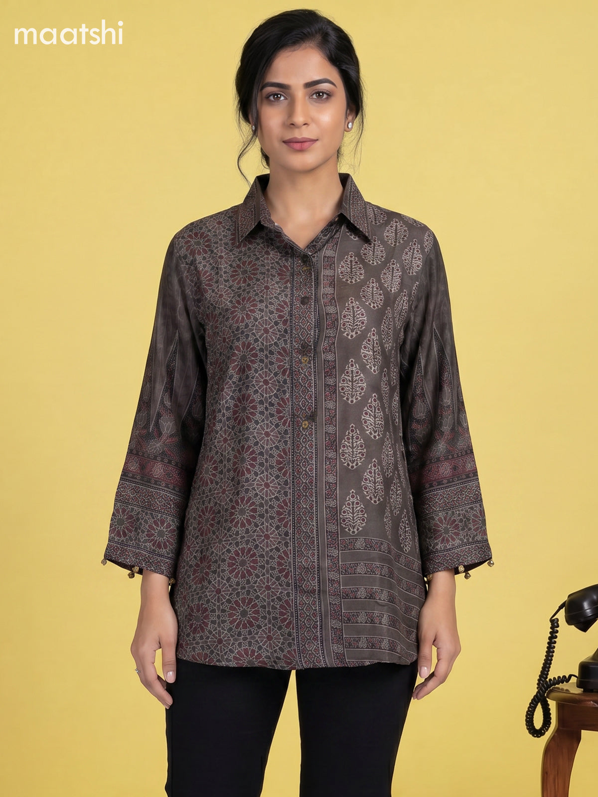 Dark Grey Crepe Silk Ajrakh Printed Women Shirt
