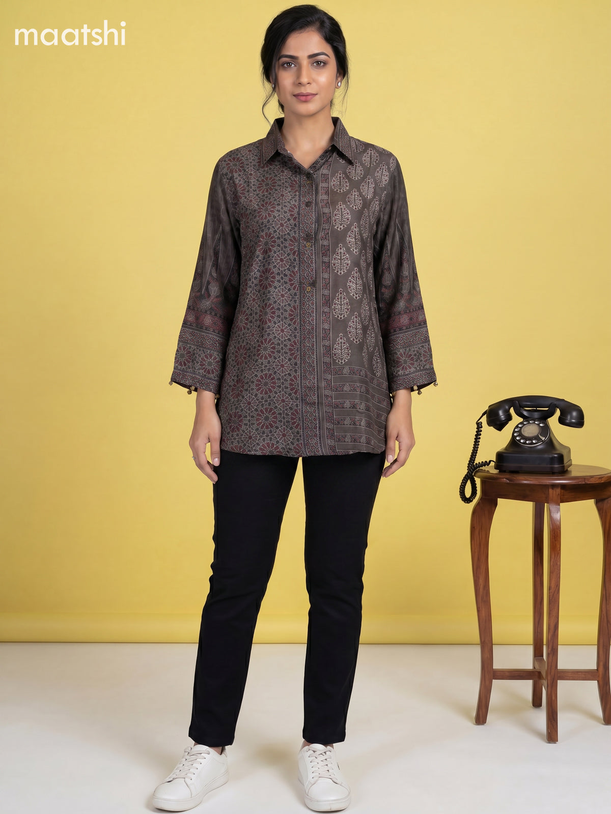 Dark Grey Crepe Silk Ajrakh Printed Women Shirt