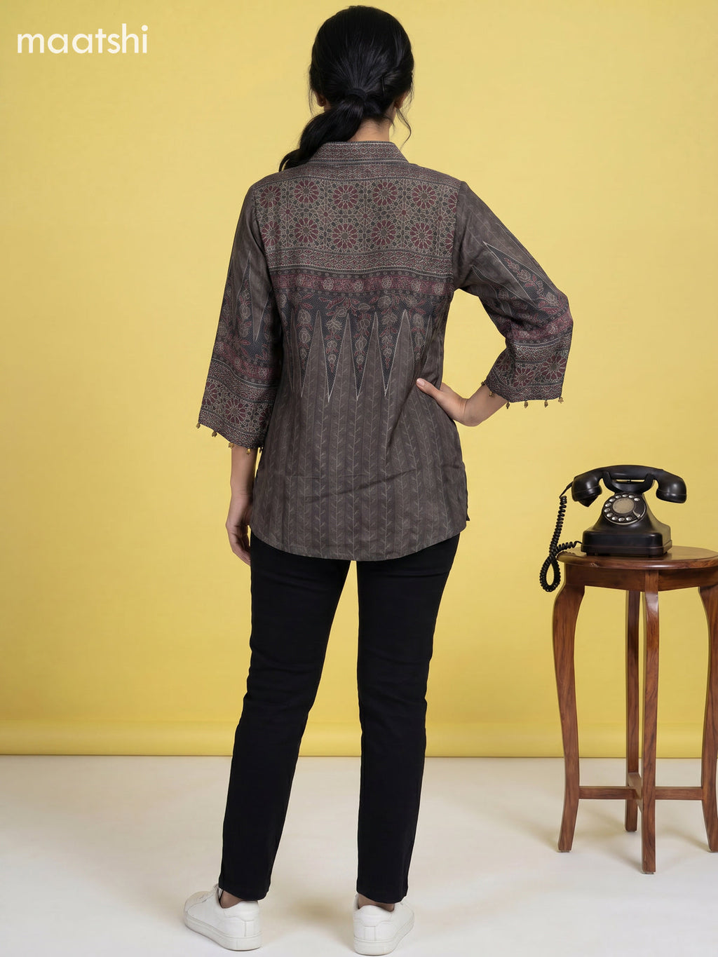 Dark Grey Crepe Silk Ajrakh Printed Women Shirt