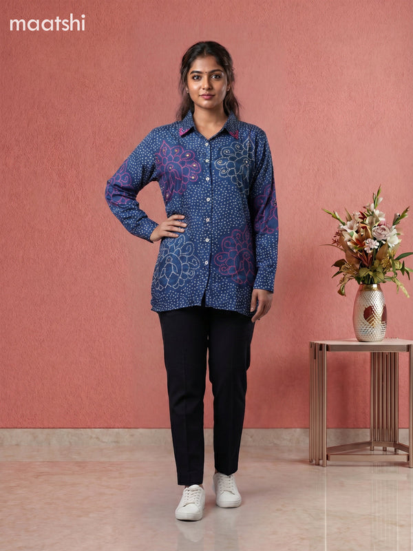 Blue and Off White Crepe Silk Bandhani Printed Women Shirt