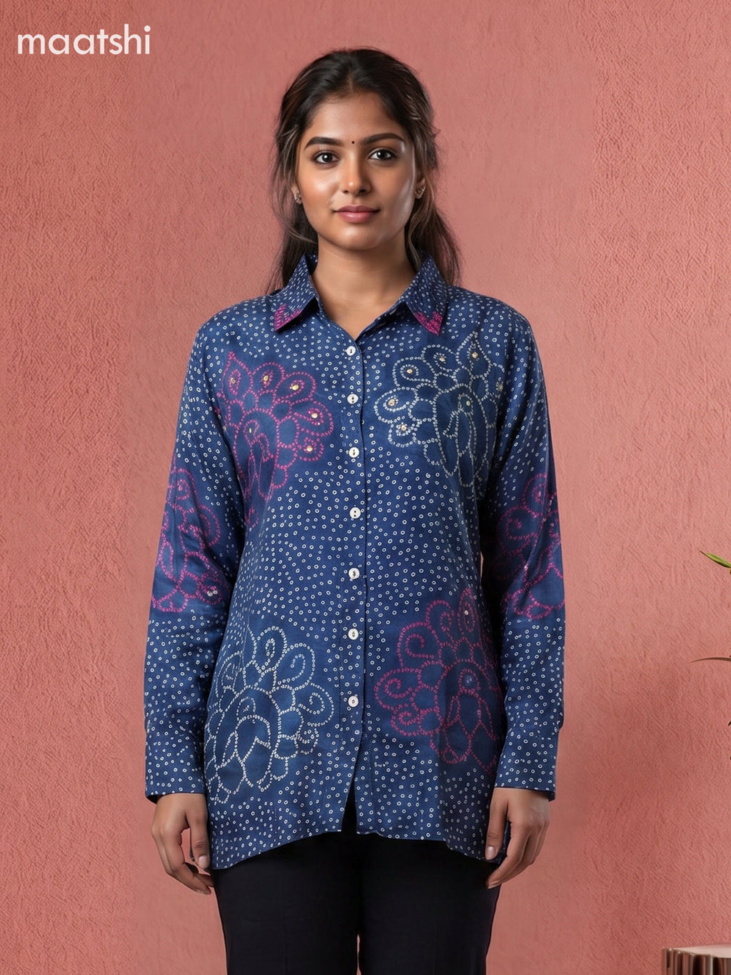 Blue and Off White Crepe Silk Bandhani Printed Women Shirt