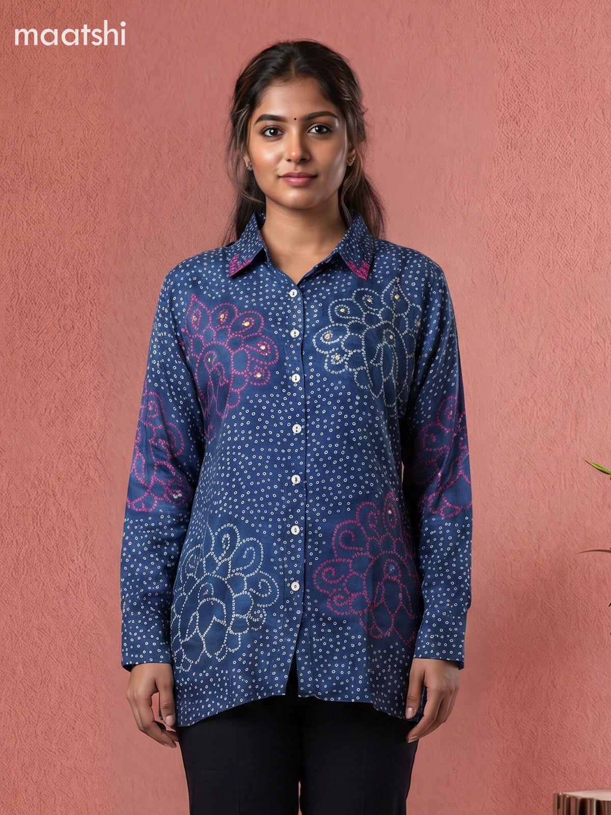 Blue and Off White Crepe Silk Bandhani Printed Women Shirt