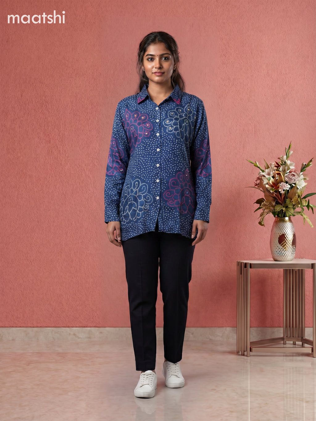 Blue and Off White Crepe Silk Bandhani Printed Women Shirt