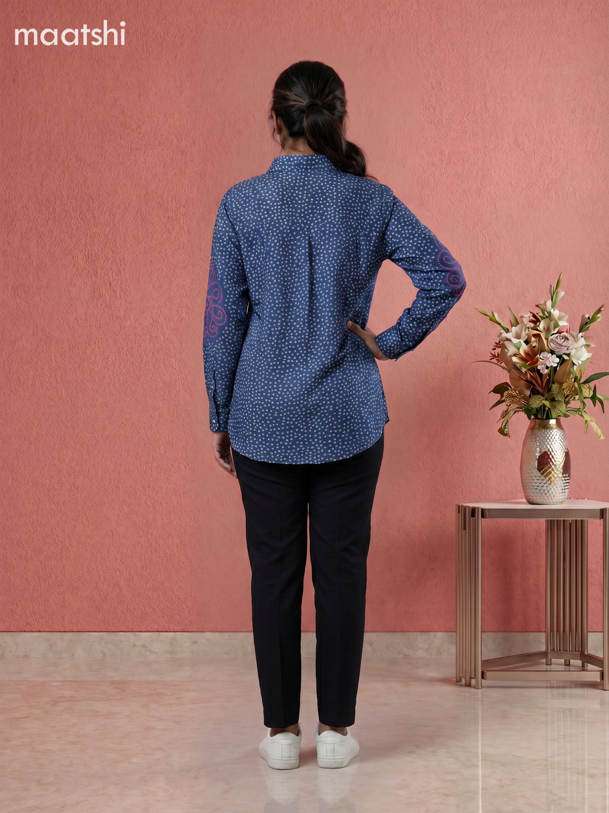 Blue and Off White Crepe Silk Bandhani Printed Women Shirt