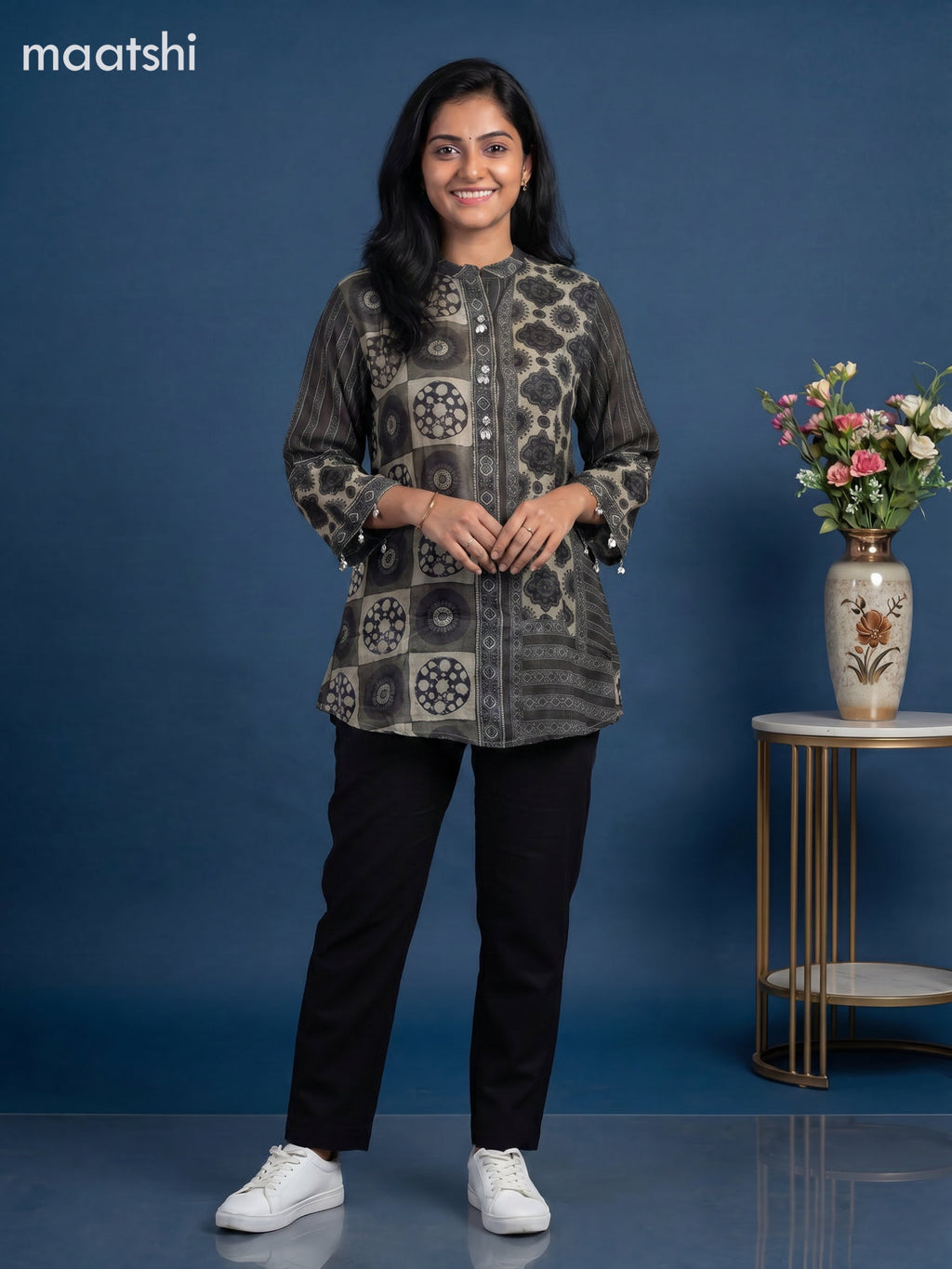 Grey and Sap Green Crepe Silk Ajrakh Printed Women Shirt