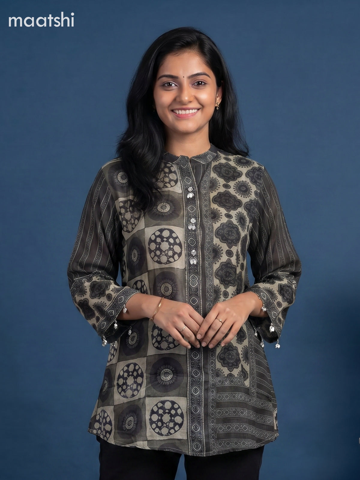 Grey and Sap Green Crepe Silk Ajrakh Printed Women Shirt