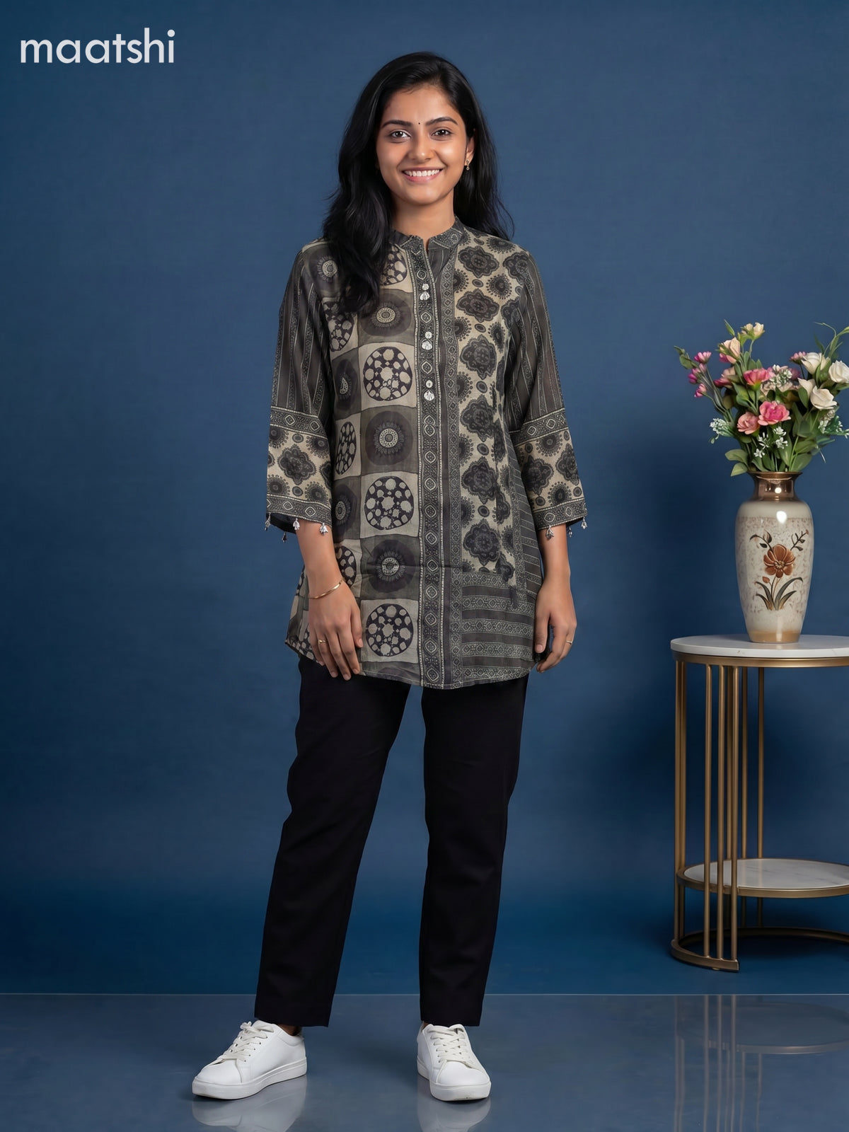 Grey and Sap Green Crepe Silk Ajrakh Printed Women Shirt