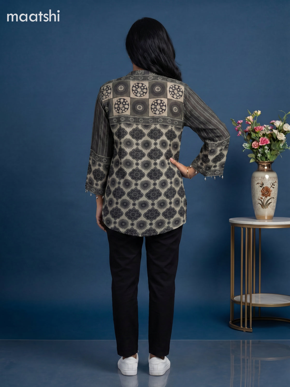 Grey and Sap Green Crepe Silk Ajrakh Printed Women Shirt