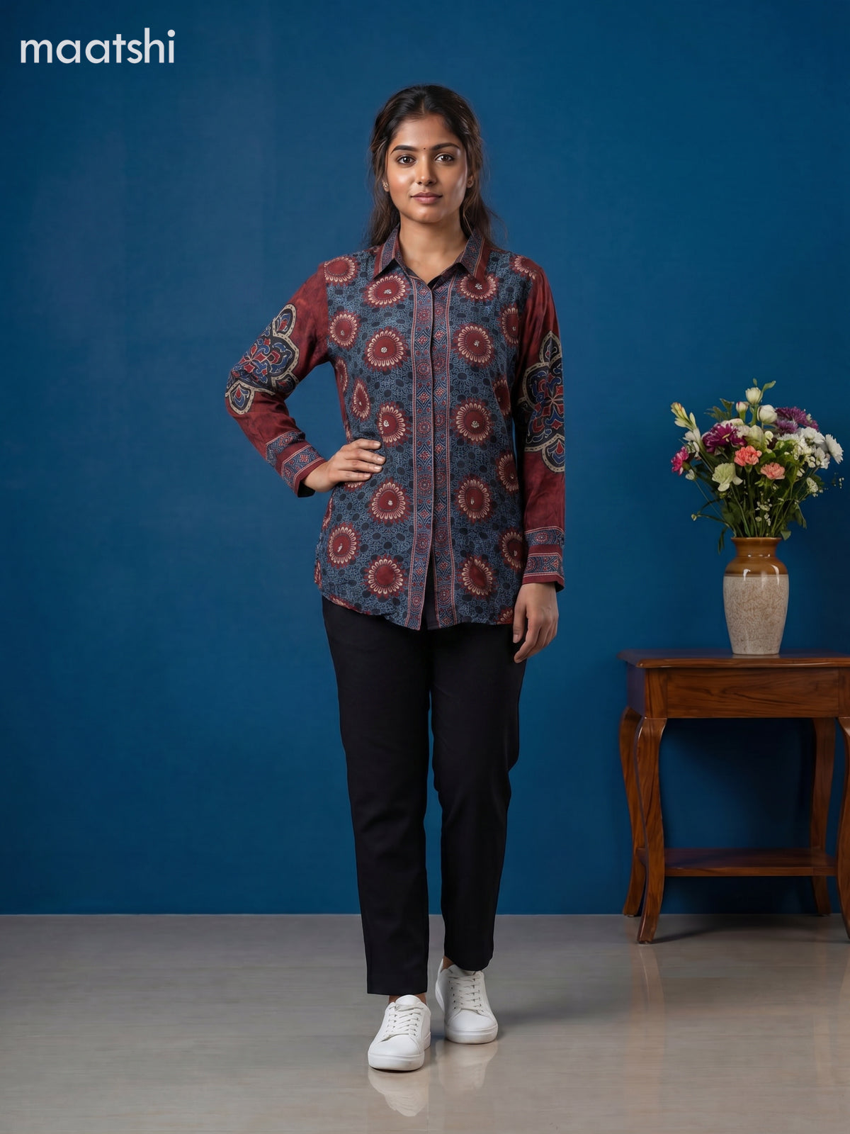 Blue and Black Crepe Silk Ajrakh Printed Women Shirt