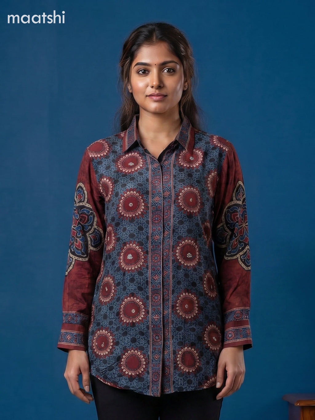 Blue and Black Crepe Silk Ajrakh Printed Women Shirt