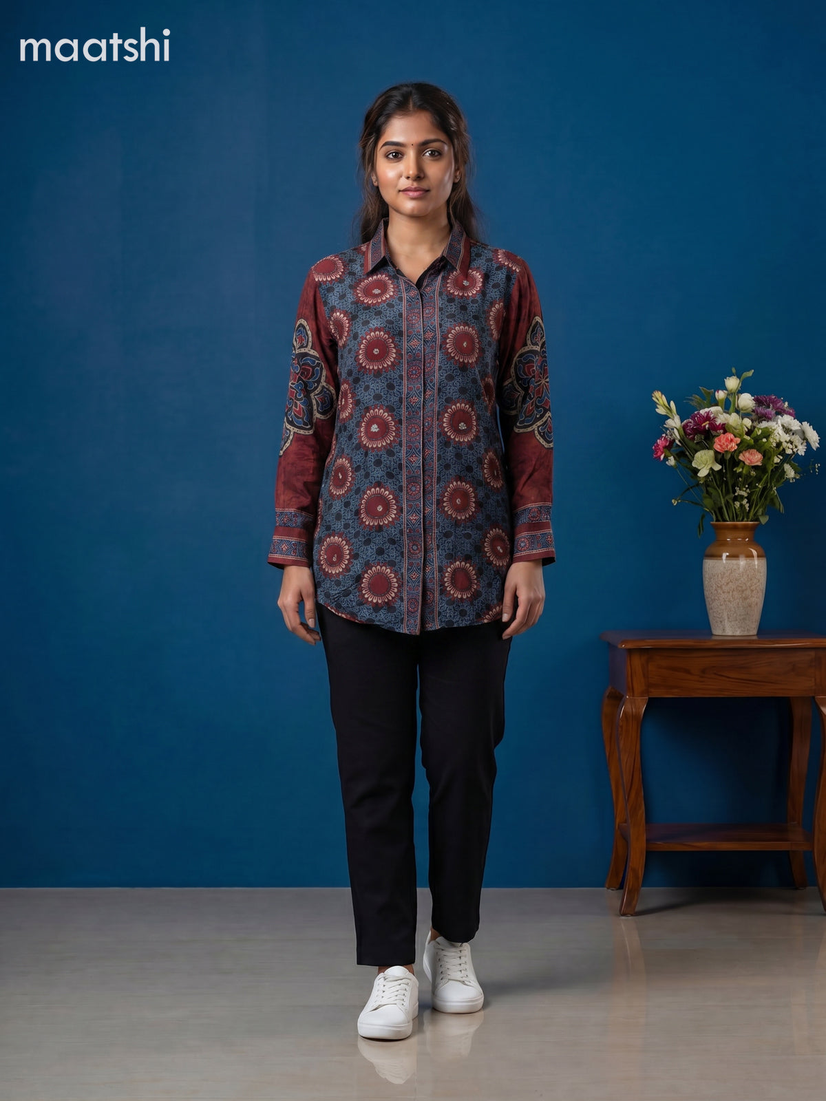 Blue and Black Crepe Silk Ajrakh Printed Women Shirt