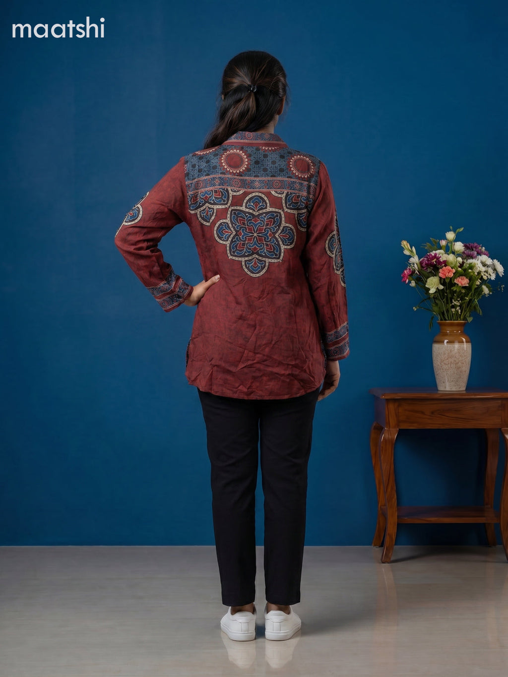 Blue and Black Crepe Silk Ajrakh Printed Women Shirt