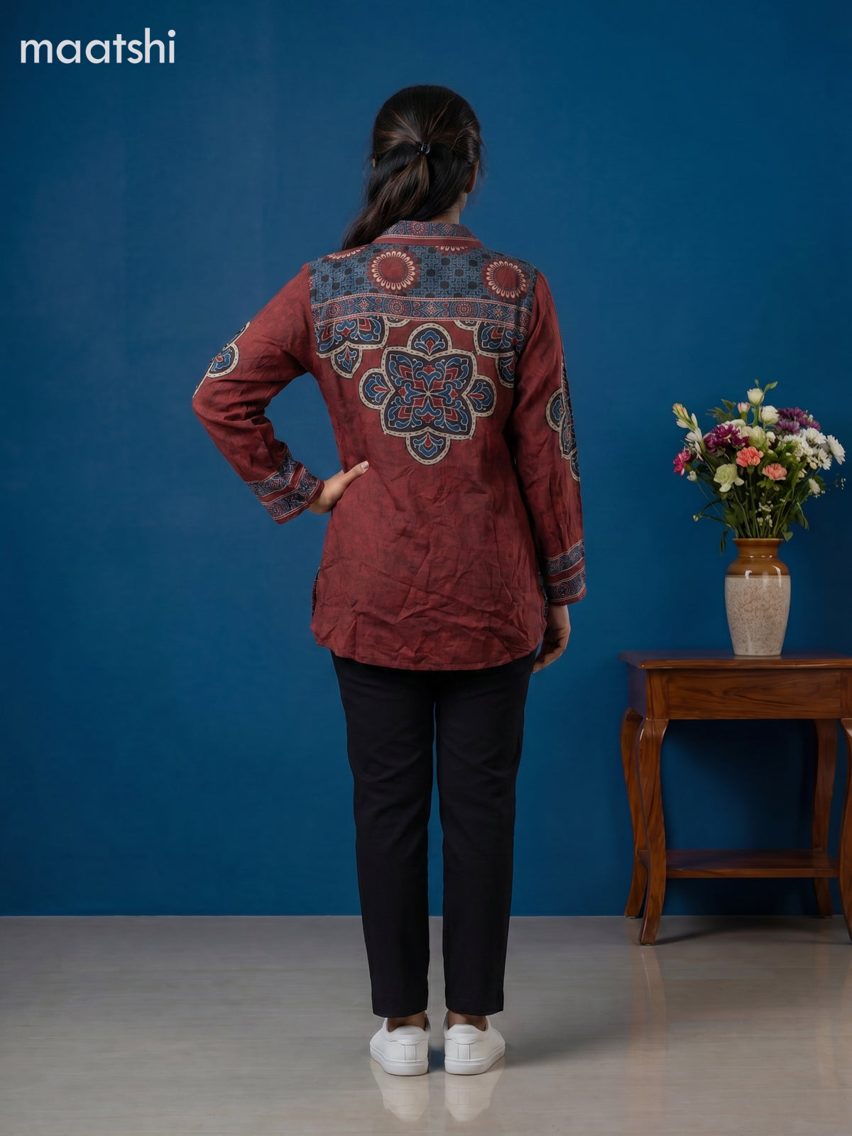 Blue and Black Crepe Silk Ajrakh Printed Women Shirt
