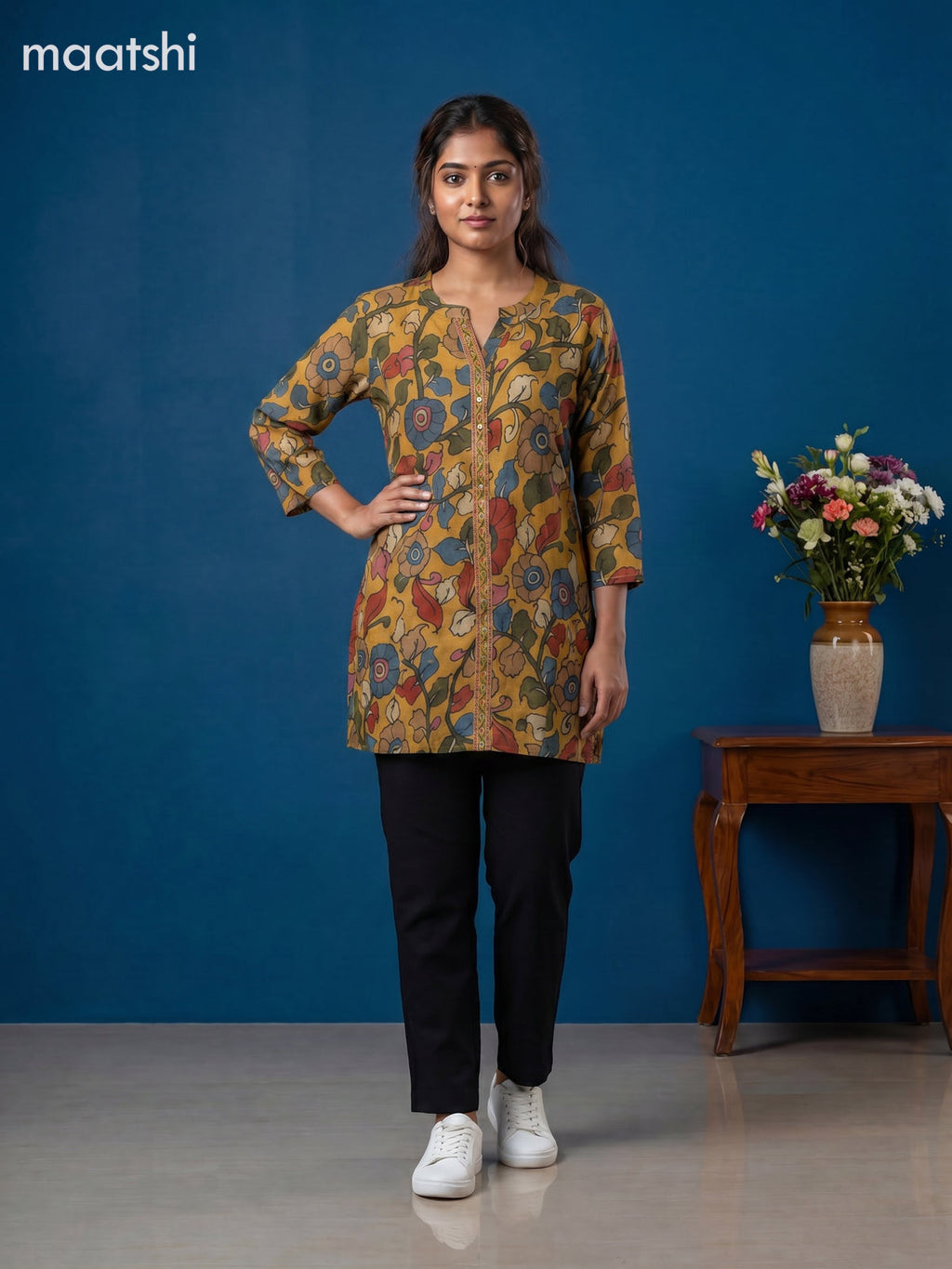 Mustard Yellow Muslin Kalamkari Printed Women Shirt