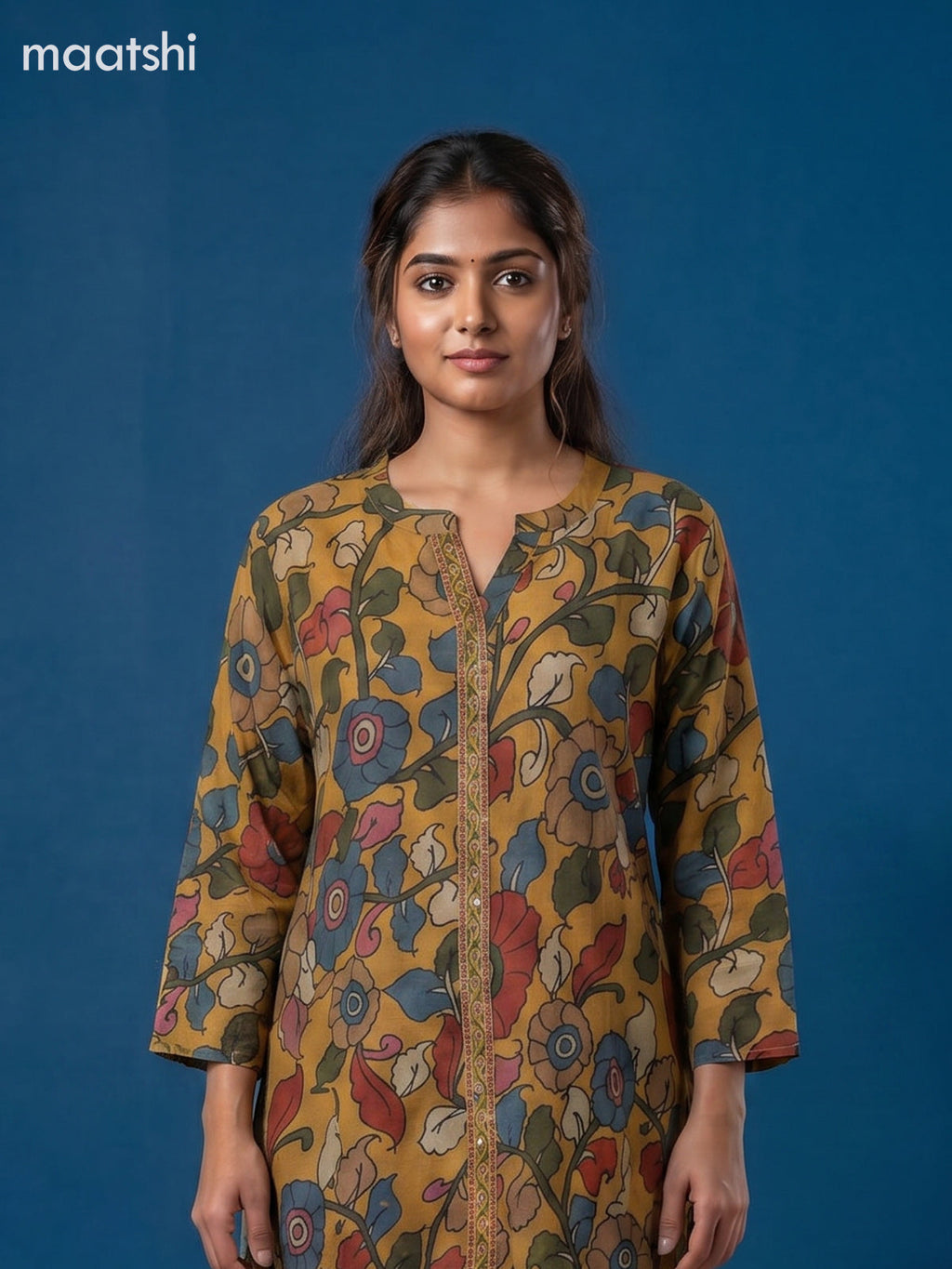 Mustard Yellow Muslin Kalamkari Printed Women Shirt