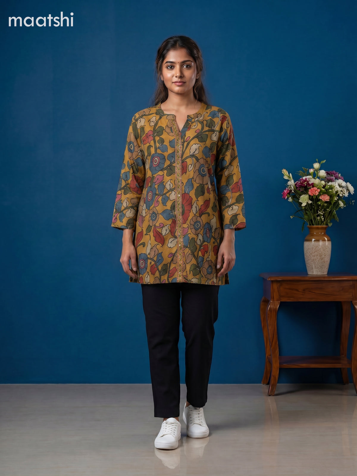 Mustard Yellow Muslin Kalamkari Printed Women Shirt