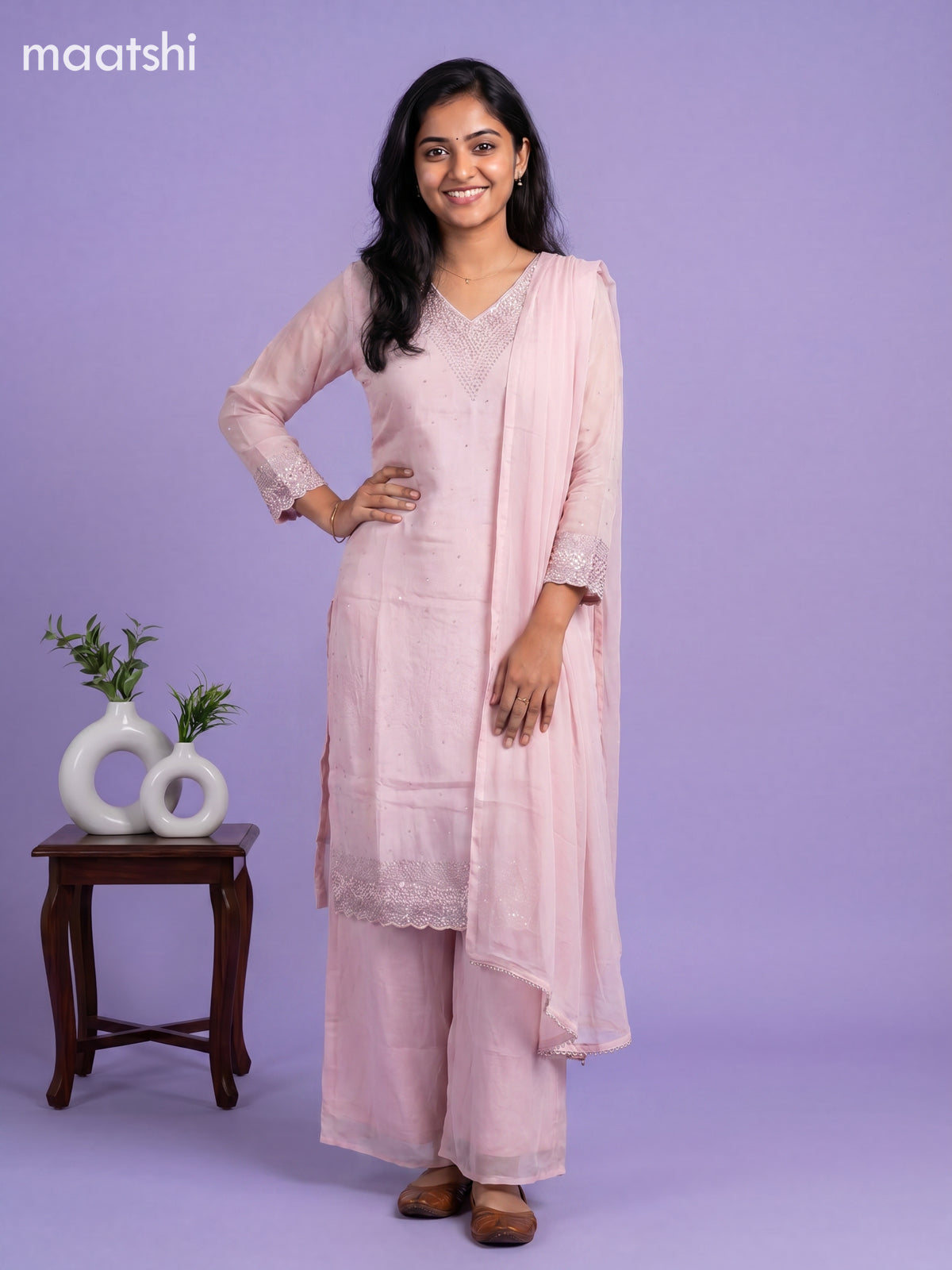 Baby Pink Art Silk With Embroidery Work Straight Suit