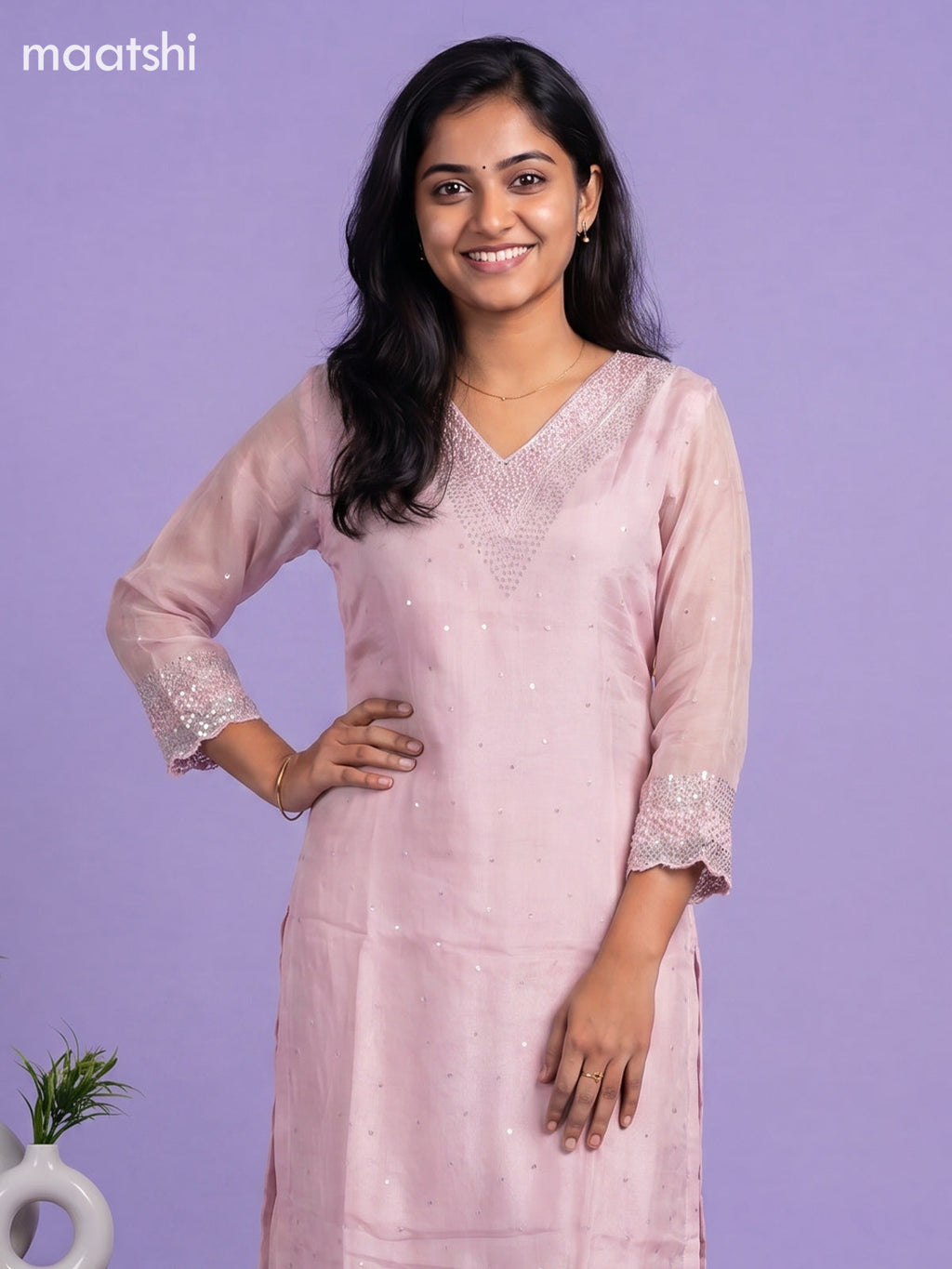 Baby Pink Art Silk With Embroidery Work Straight Suit