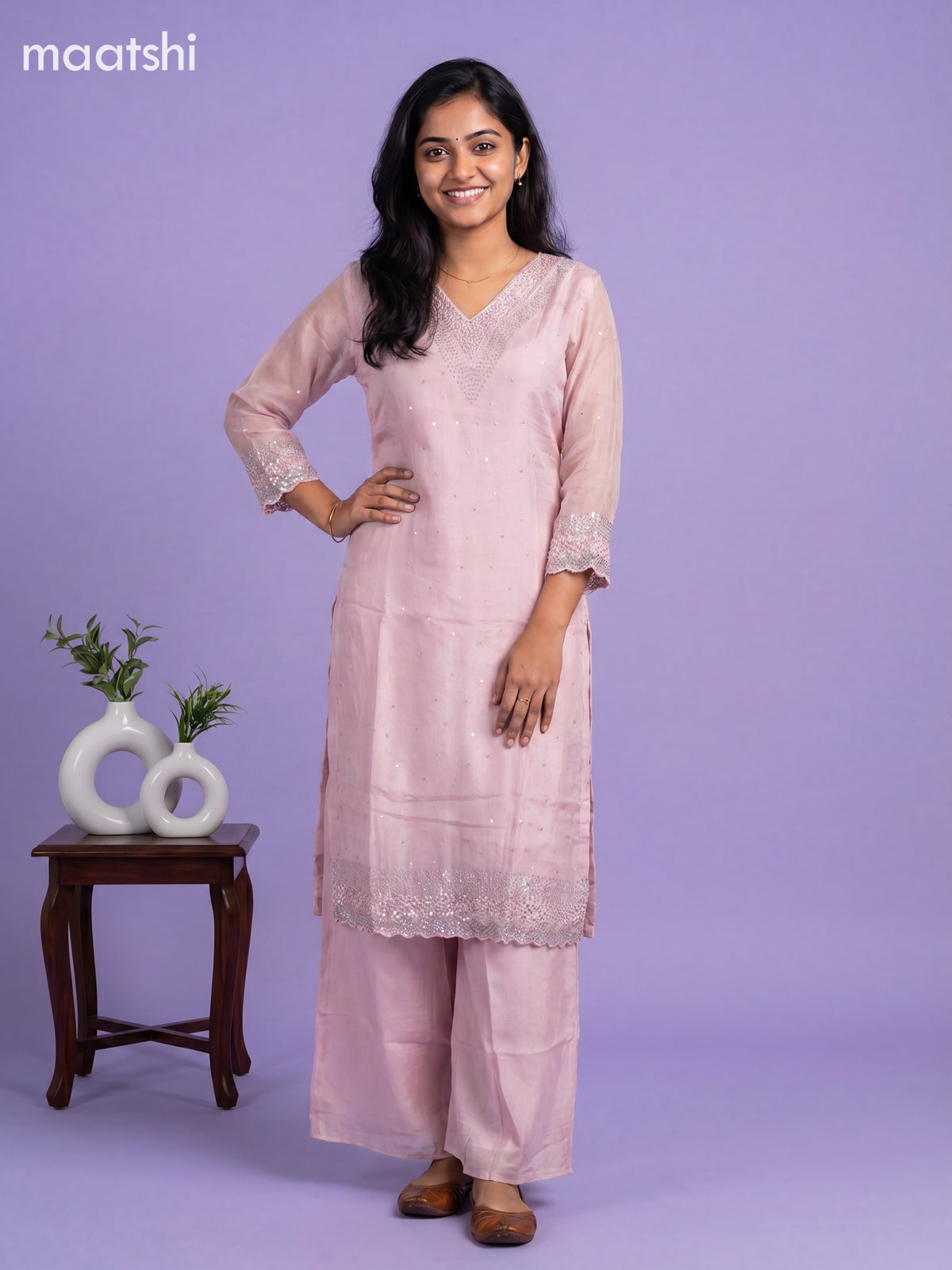 Baby Pink Art Silk With Embroidery Work Straight Suit