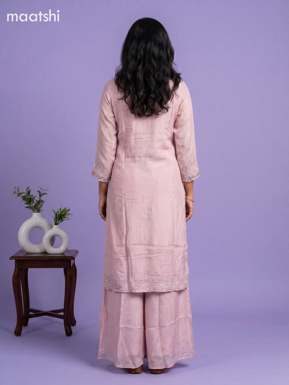 Baby Pink Art Silk With Embroidery Work Straight Suit