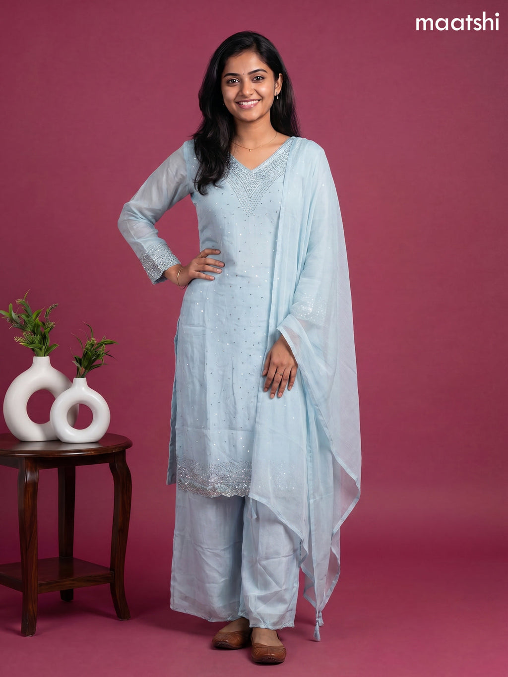 Blue Art Silk With Embroidery Work Straight Suit
