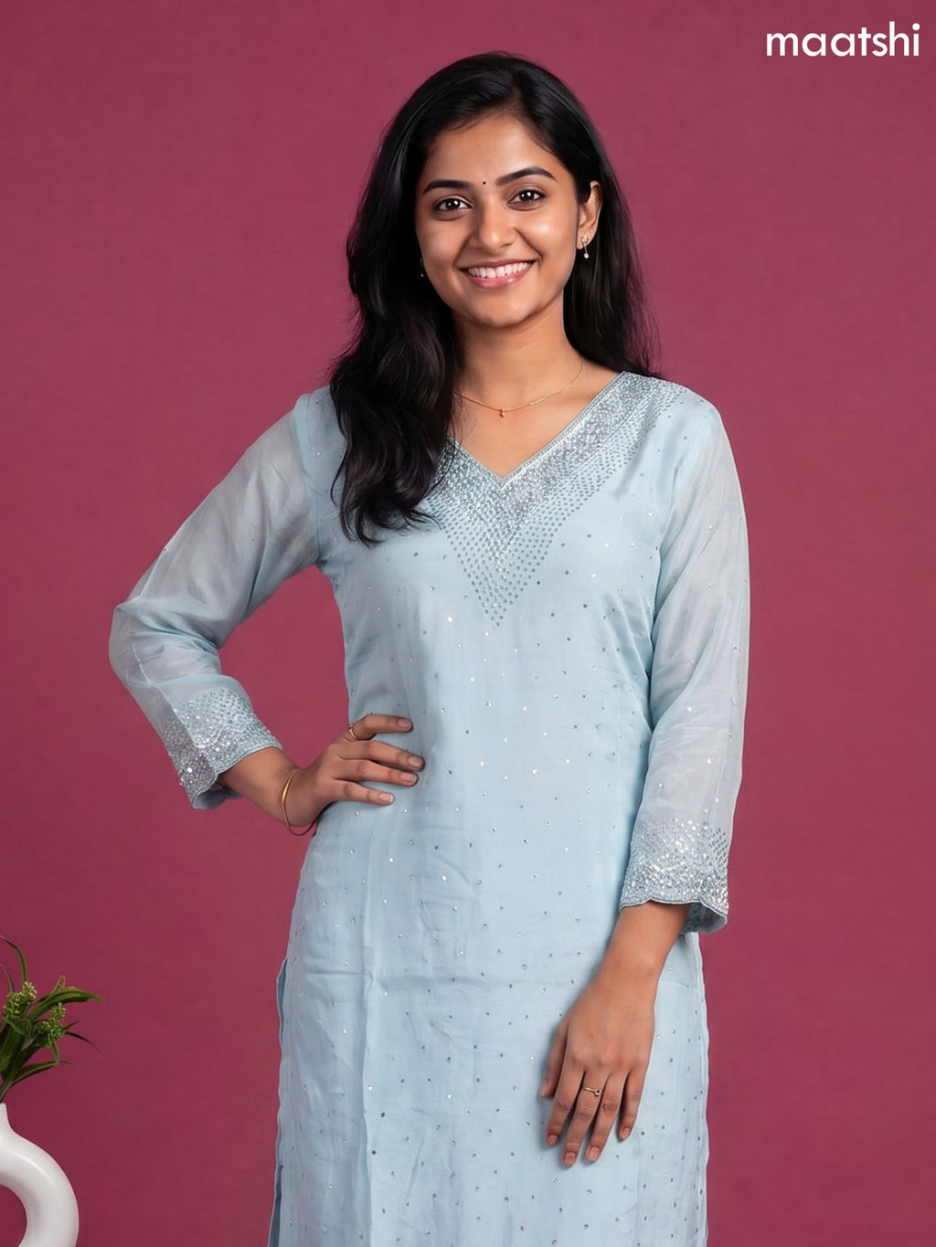 Blue Art Silk With Embroidery Work Straight Suit
