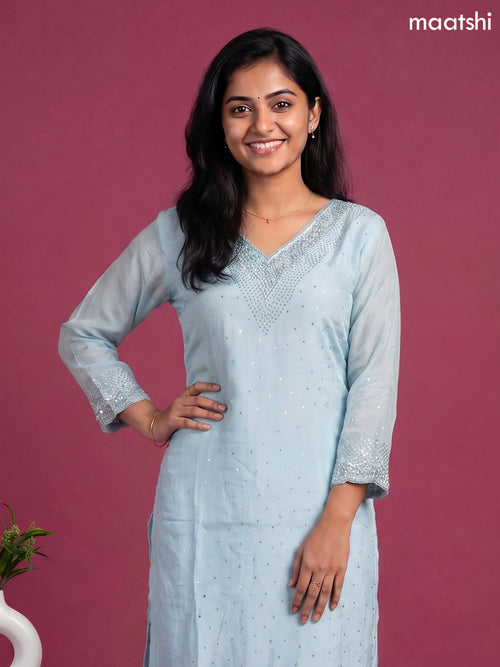 Blue Art Silk With Embroidery Work Straight Suit