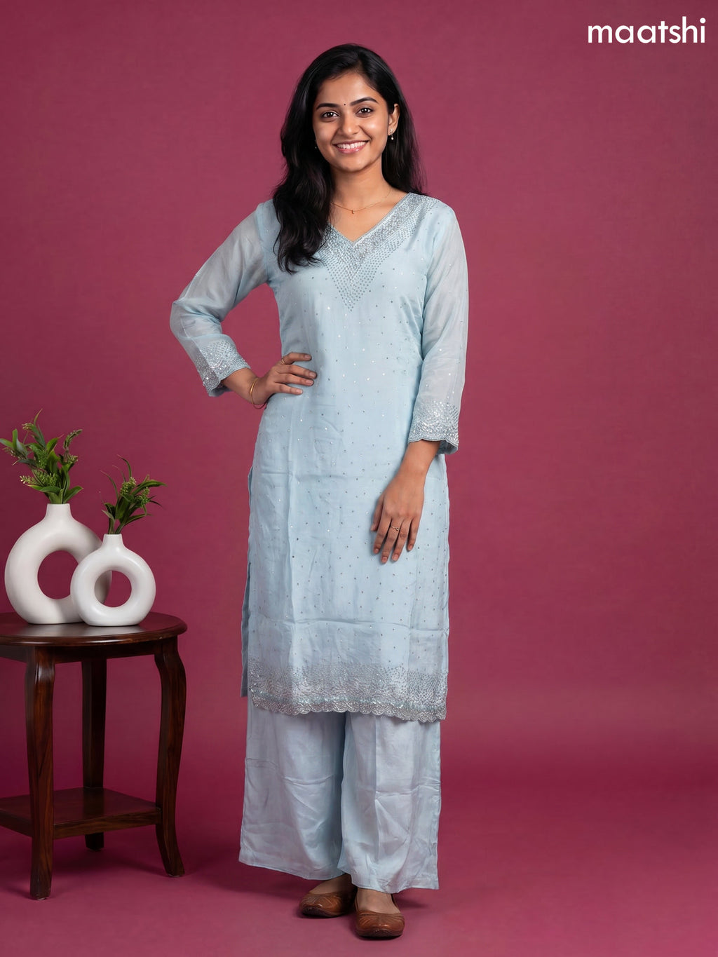 Blue Art Silk With Embroidery Work Straight Suit