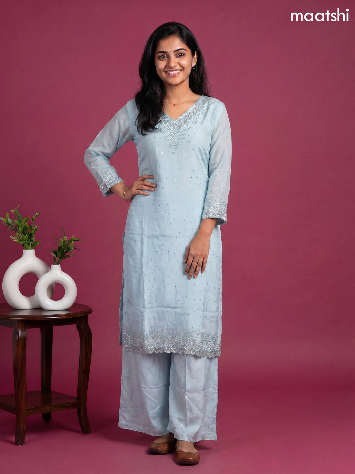Blue Art Silk With Embroidery Work Straight Suit