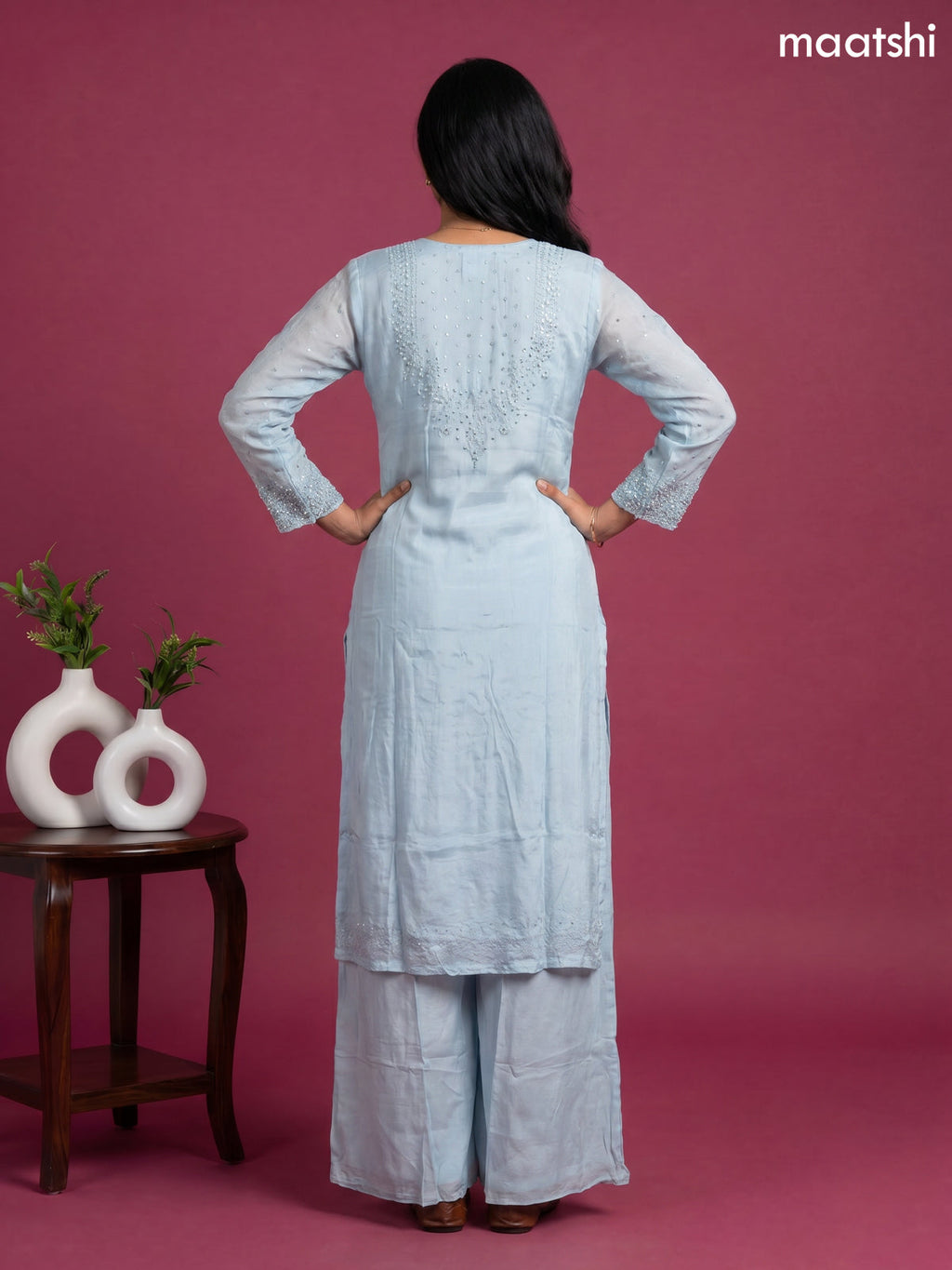Blue Art Silk With Embroidery Work Straight Suit