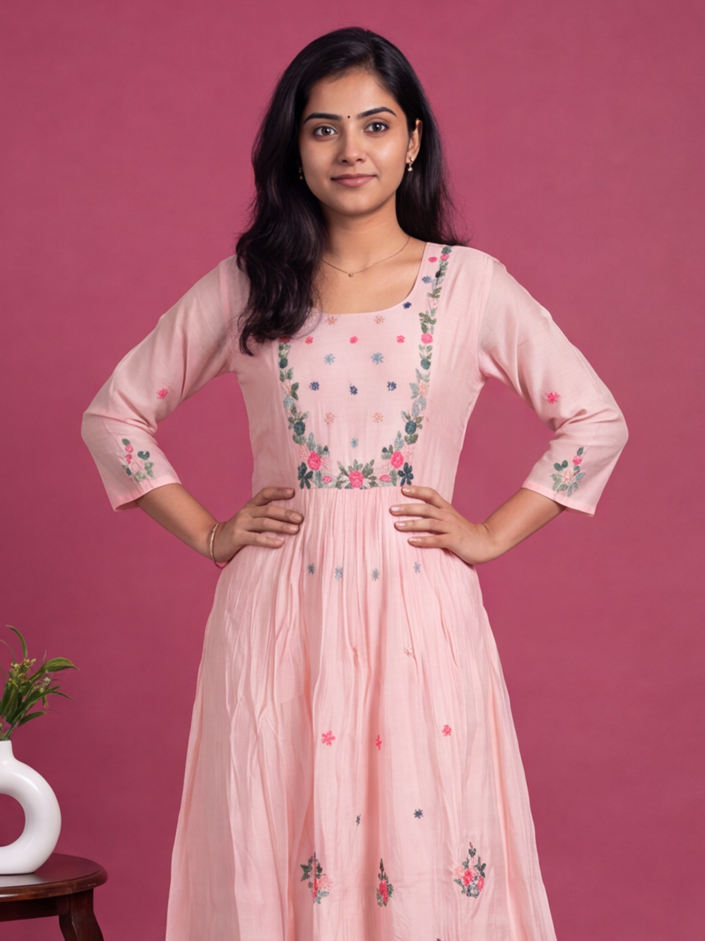 Pink Mul Chanderi Embroidery Work Anarkali Suit