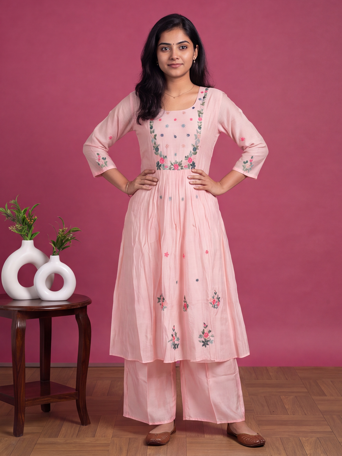Pink Mul Chanderi Embroidery Work Anarkali Suit