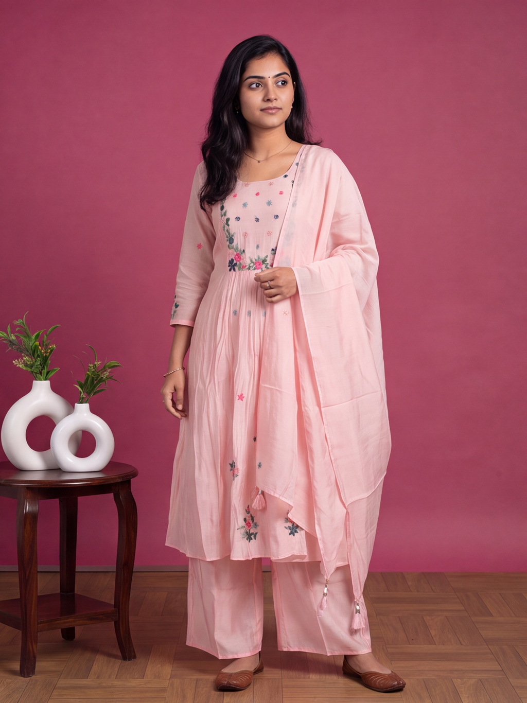 Pink Mul Chanderi Embroidery Work Anarkali Suit