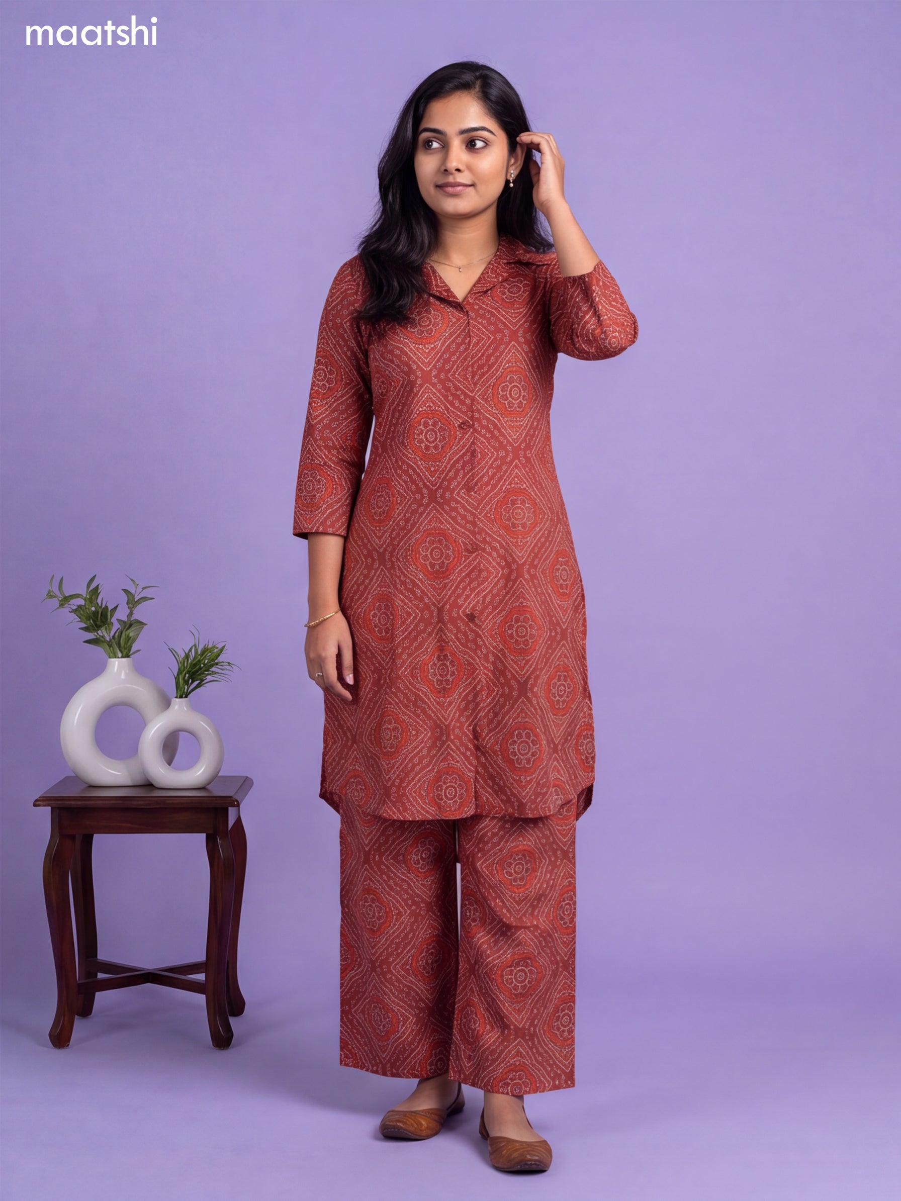 Brown Cotton Bandhai Printed Long Co-Ord Set