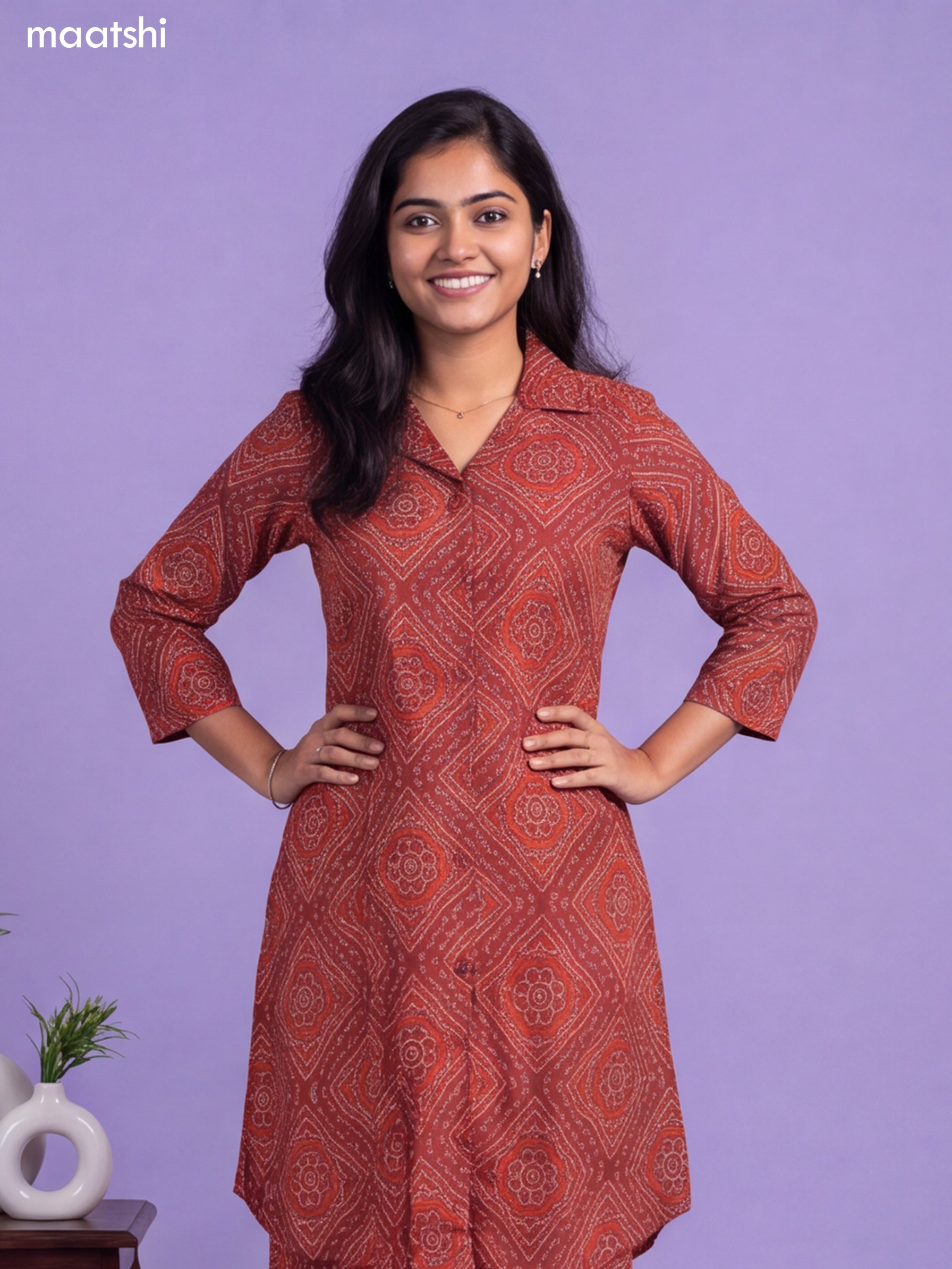 Brown Cotton Bandhai Printed Long Co-Ord Set