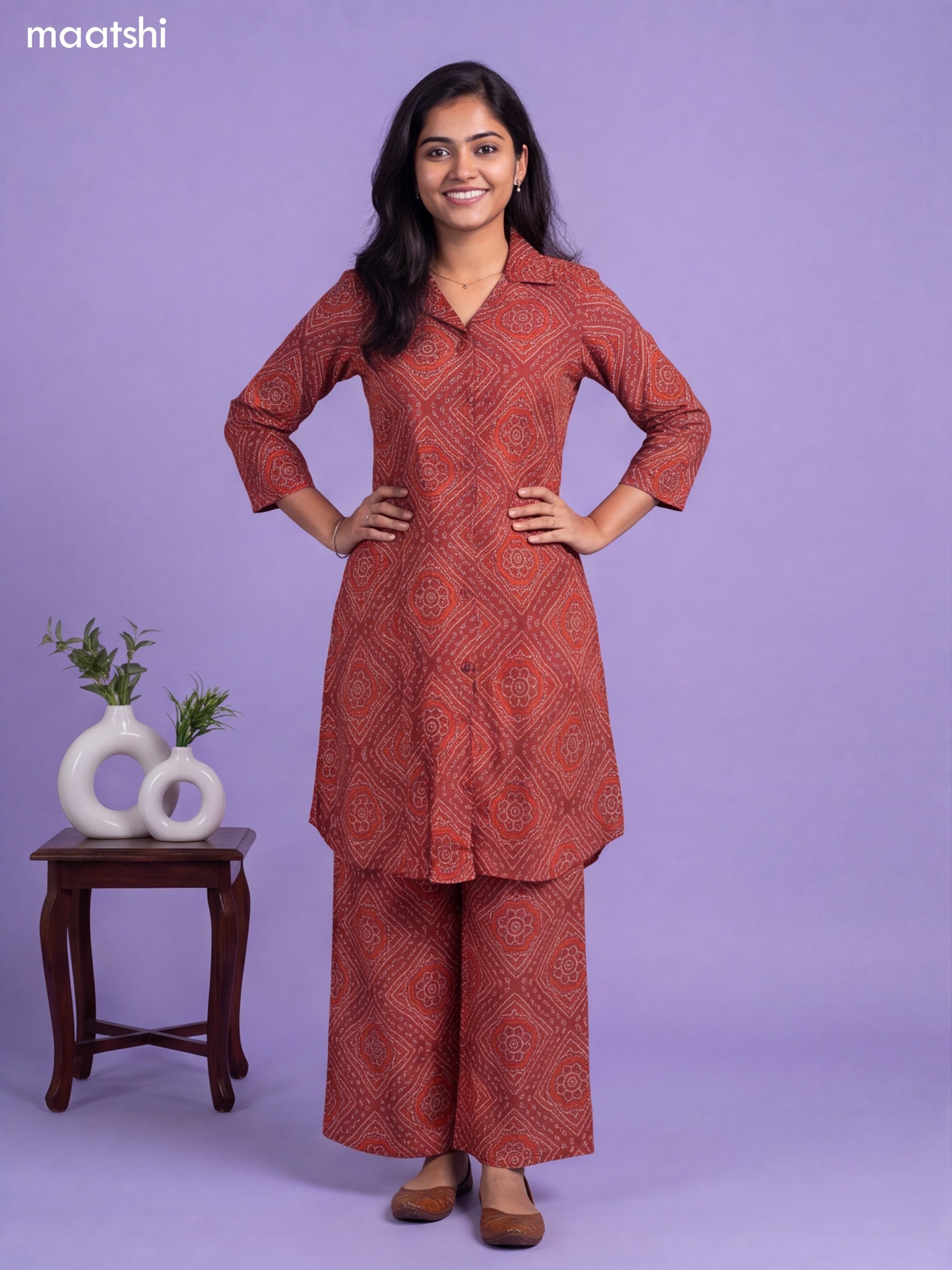 Brown Cotton Bandhai Printed Long Co-Ord Set