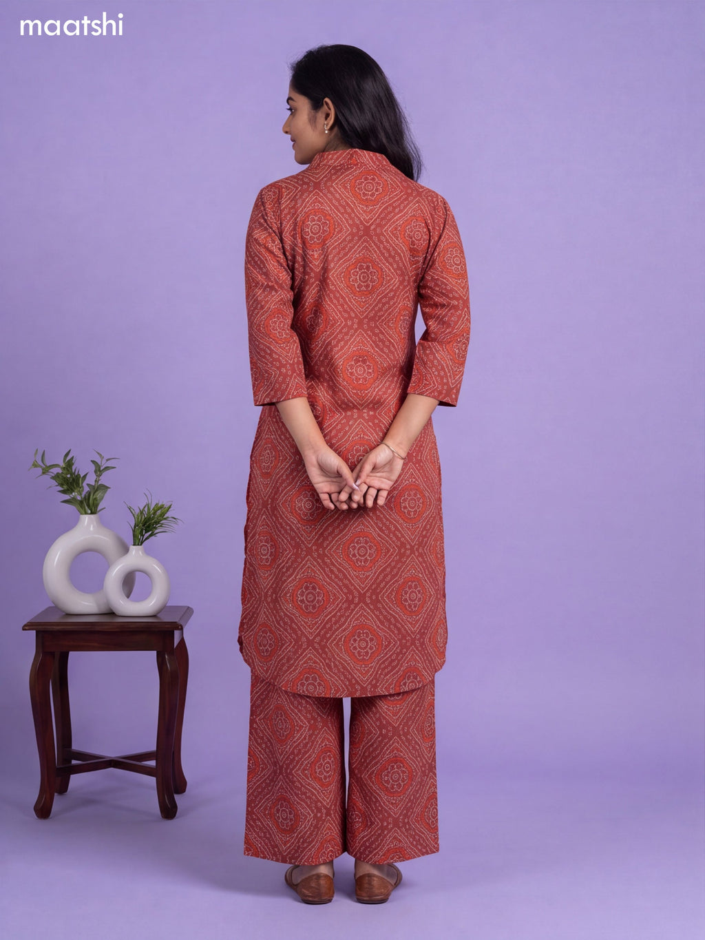 Brown Cotton Bandhai Printed Long Co-Ord Set