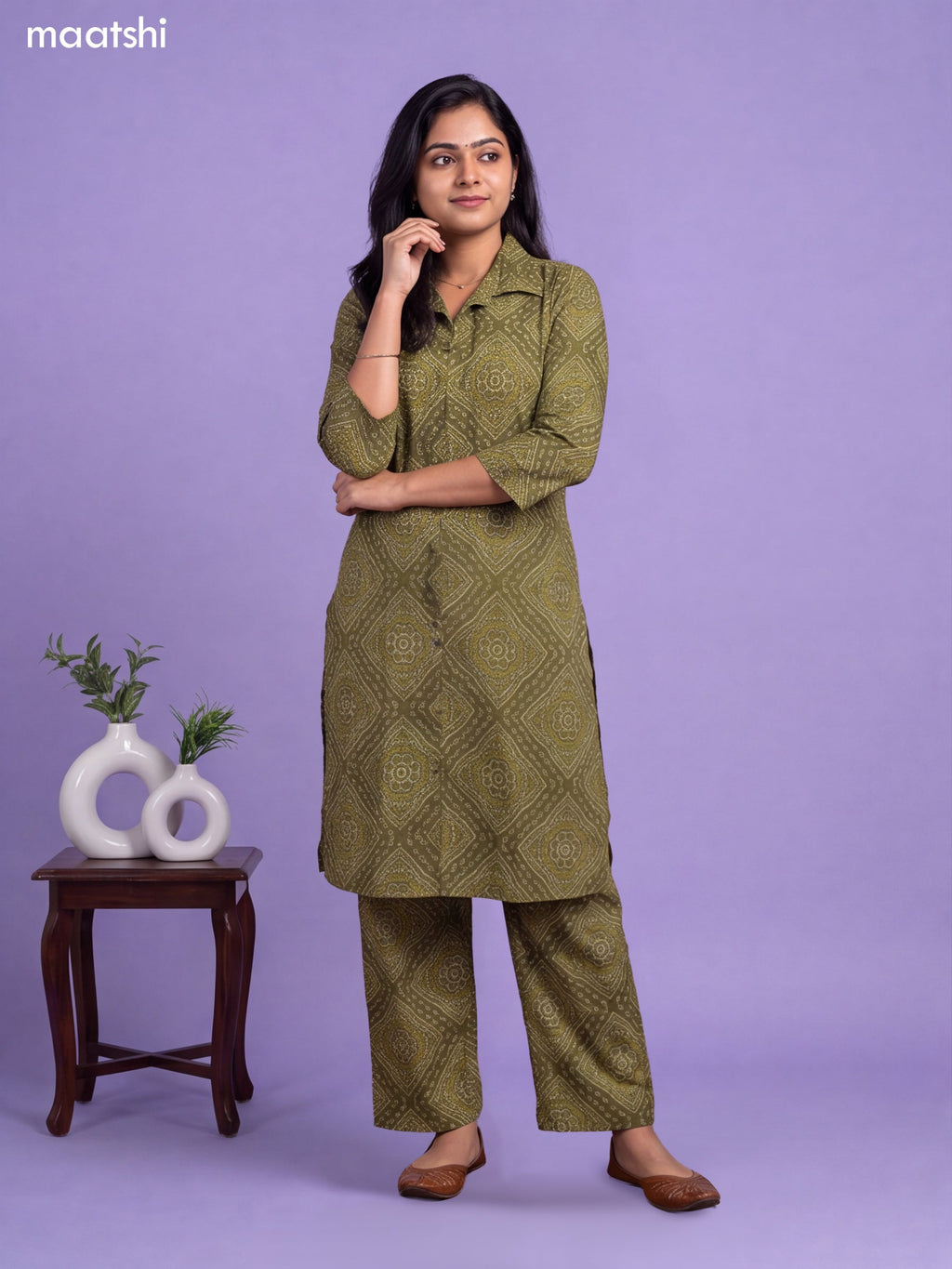 Mehndi Green Cotton Bandhai Printed Long Co-Ord Set