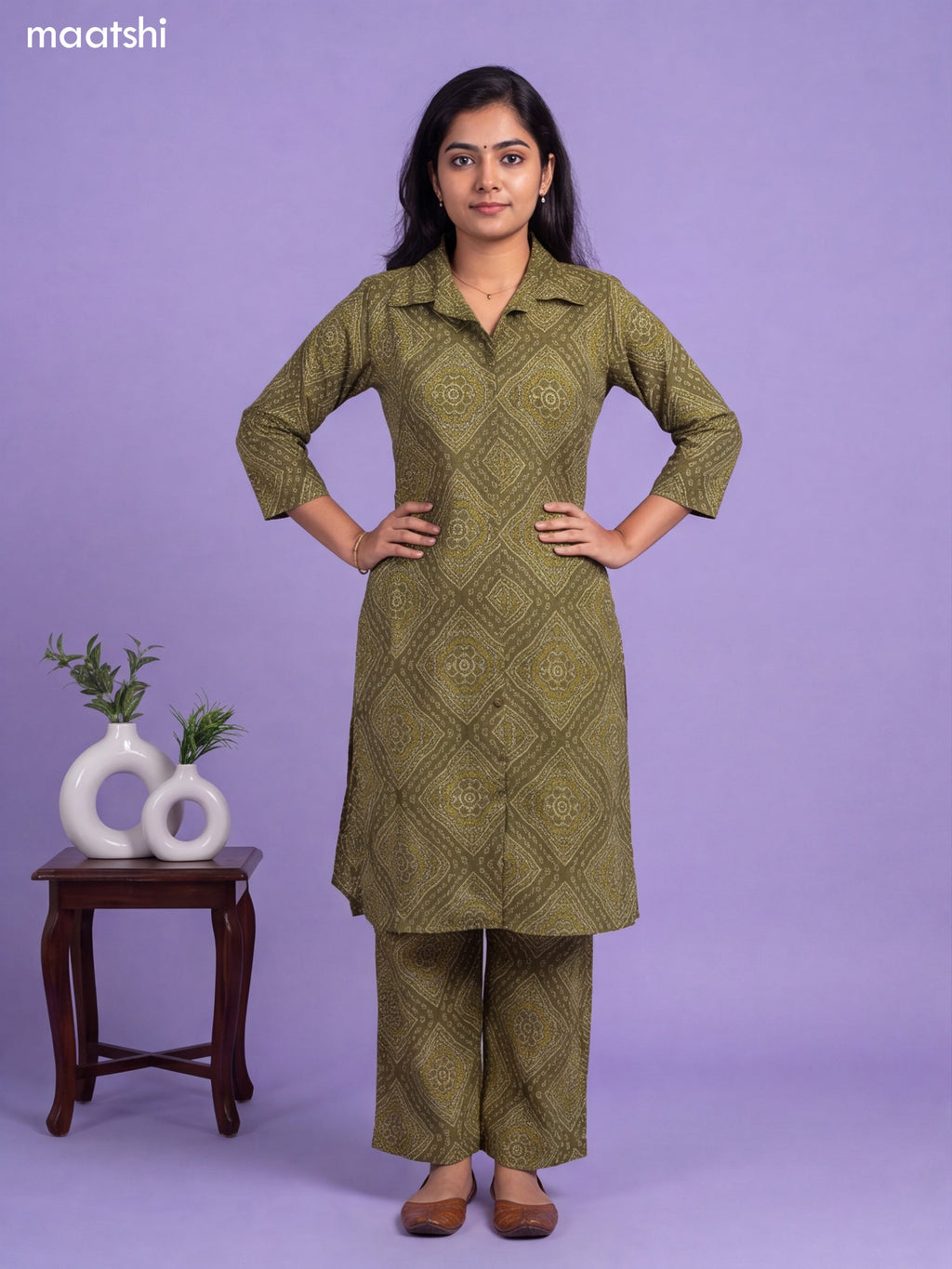 Mehndi Green Cotton Bandhai Printed Long Co-Ord Set