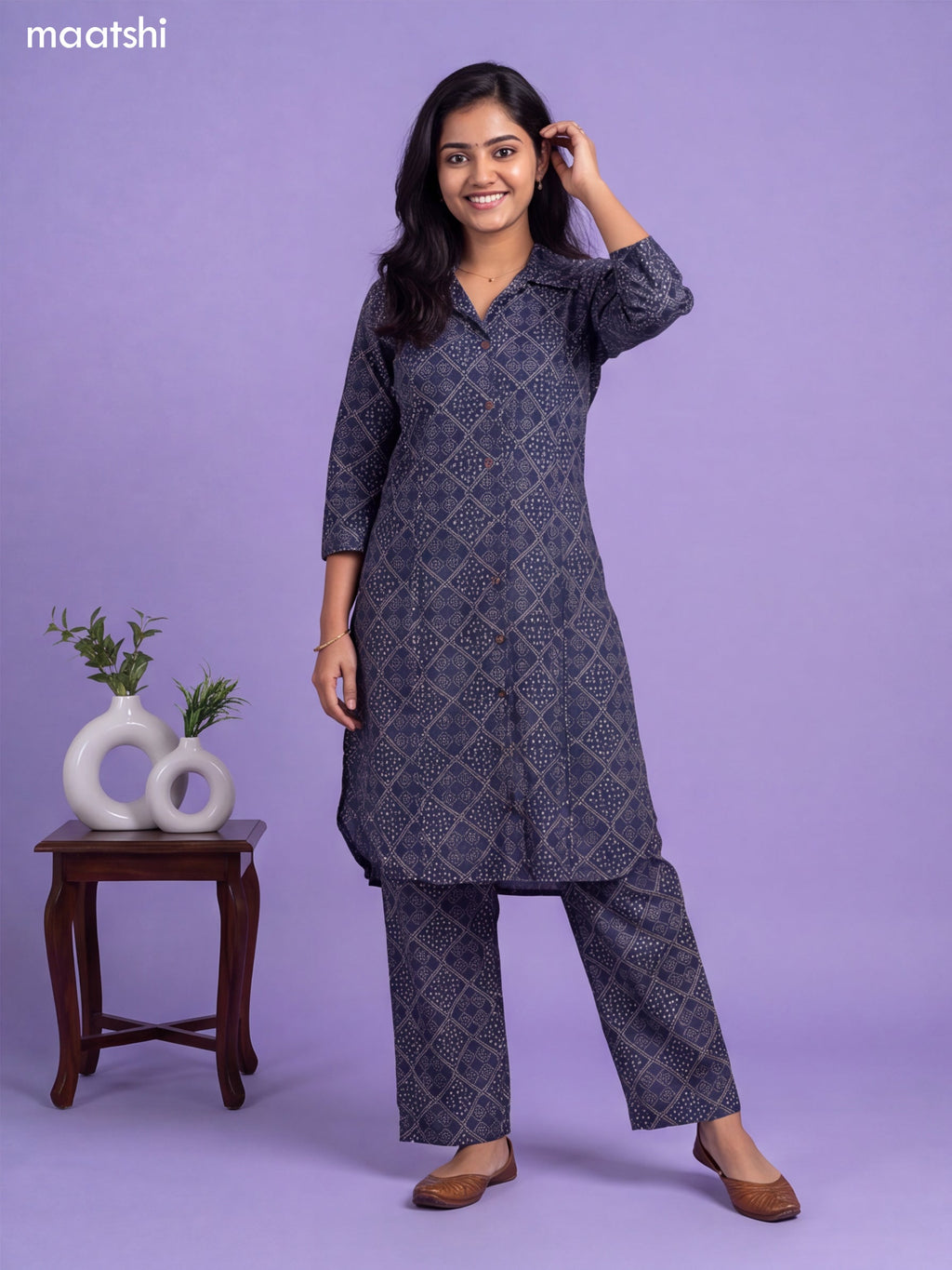 Navy Blue Cotton Bandhai Printed Long Co-Ord Set