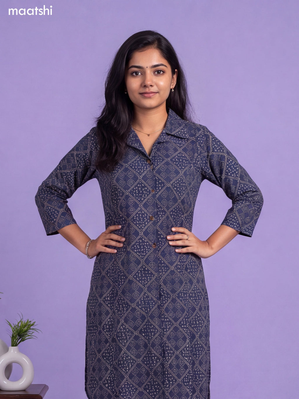 Navy Blue Cotton Bandhai Printed Long Co-Ord Set