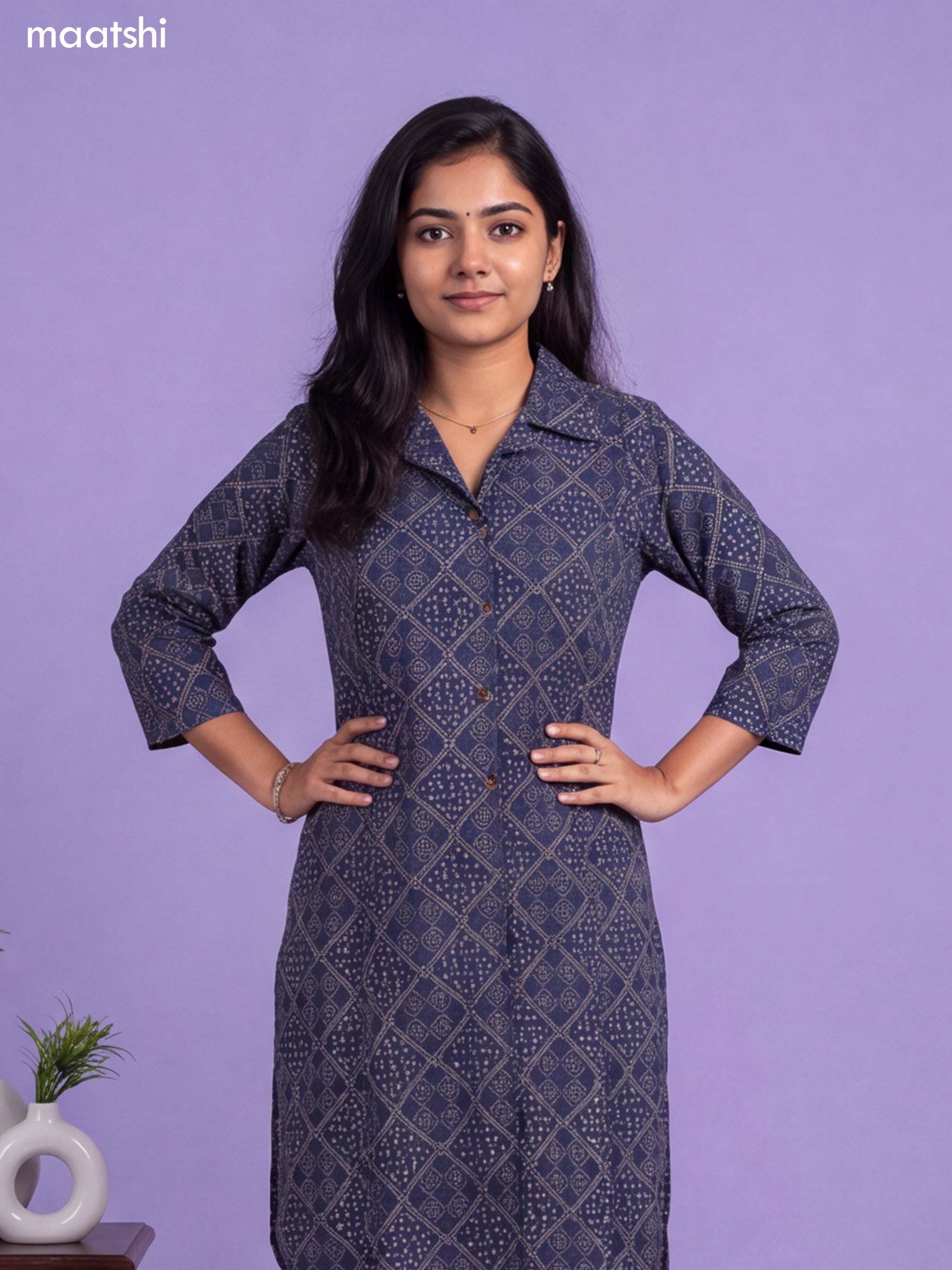 Navy Blue Cotton Bandhai Printed Long Co-Ord Set