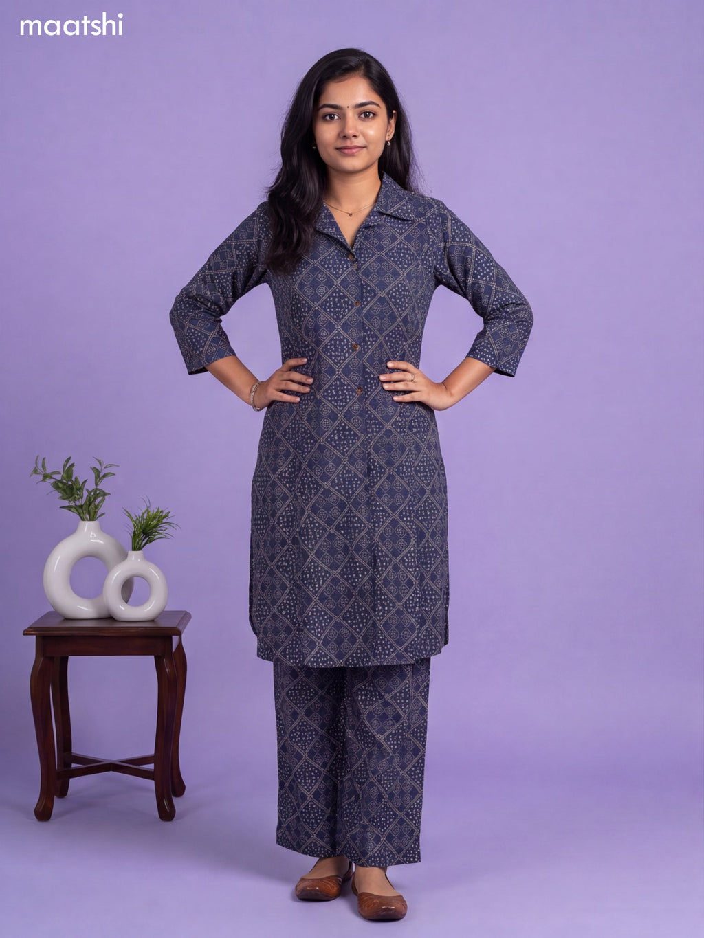 Navy Blue Cotton Bandhai Printed Long Co-Ord Set