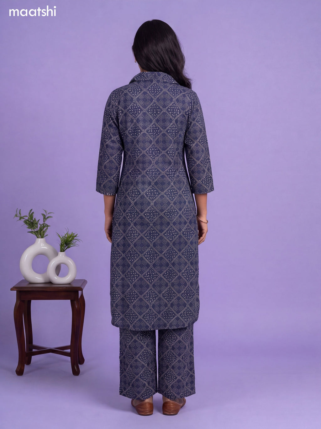 Navy Blue Cotton Bandhai Printed Long Co-Ord Set