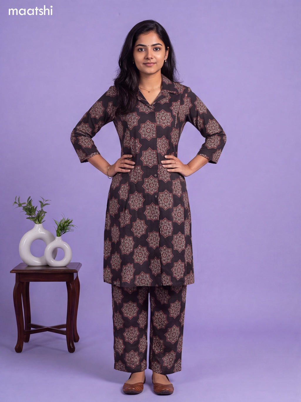 Black Cotton Ajrakh Printed Long Co-Ord Set