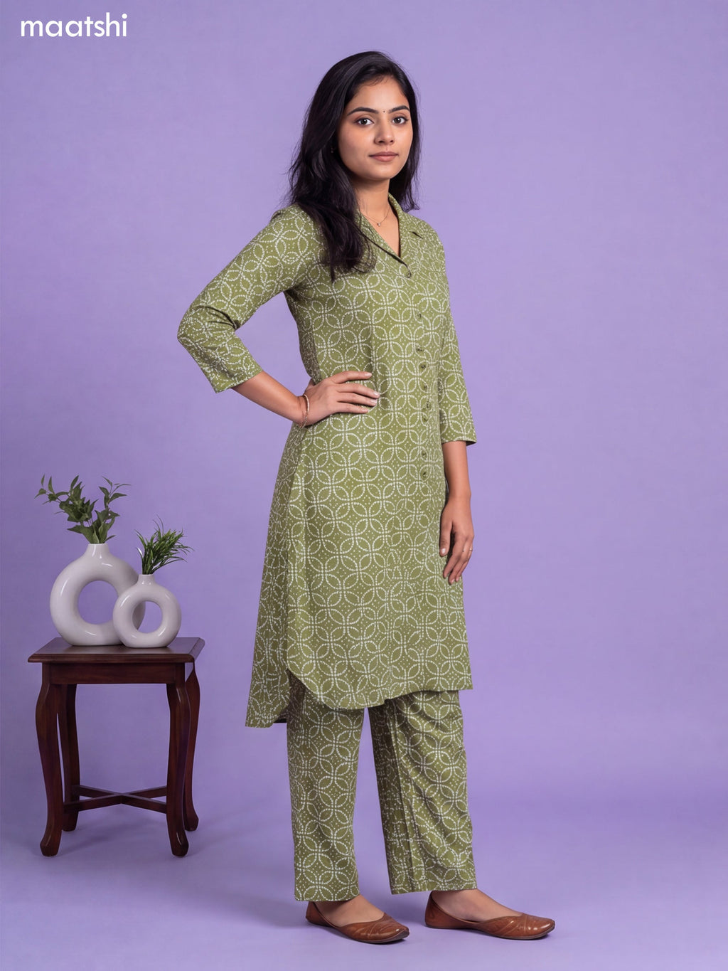 Green Cotton Bandhai Printed Long Co-Ord Set