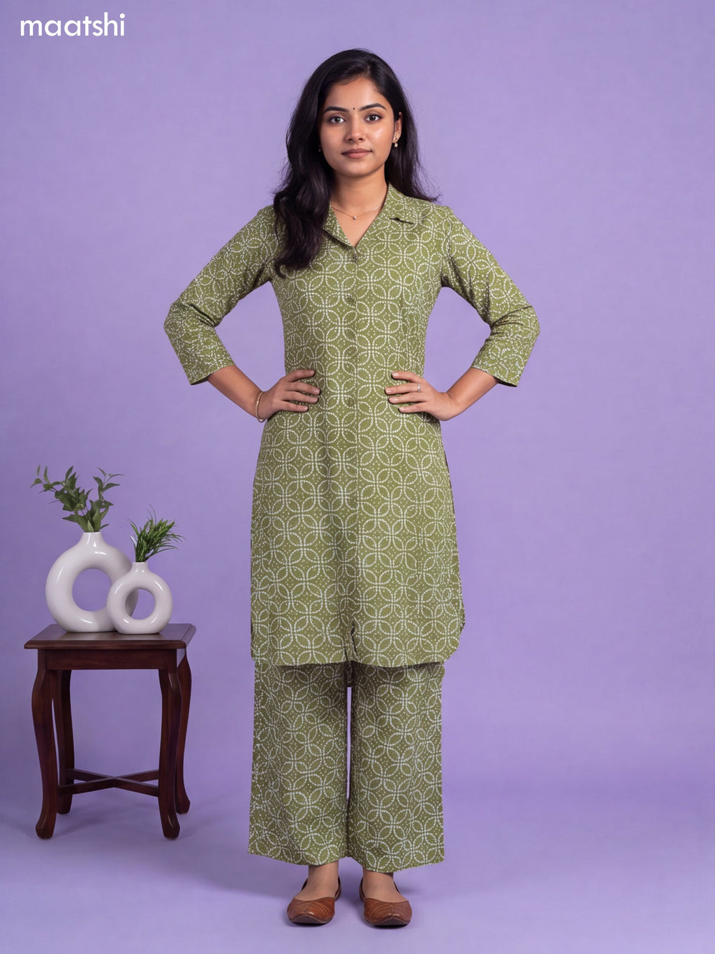 Green Cotton Bandhai Printed Long Co-Ord Set